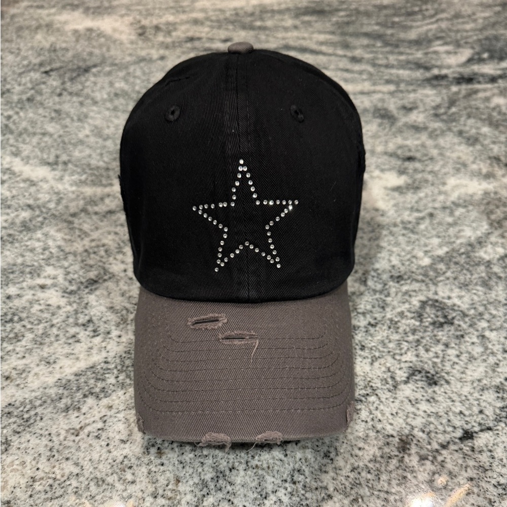 New Custom Designed Gray and Black Distressed Baseball Cap with Sequined Star.